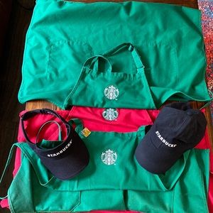 Lot of 3 Starbucks aprons 1 hat 1 Visor and a certified barista pin